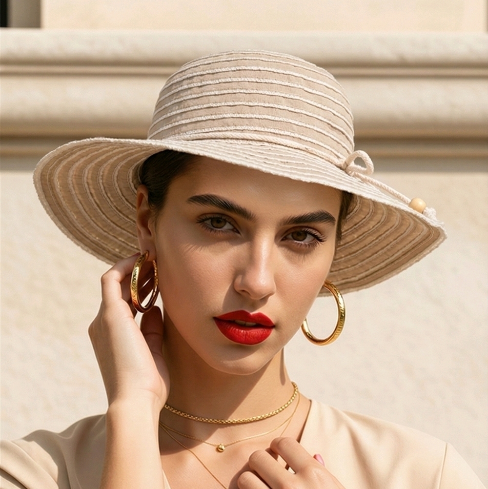 Scala Women's Tan & White Poly Striped Sunhat Packable Beautiful Design